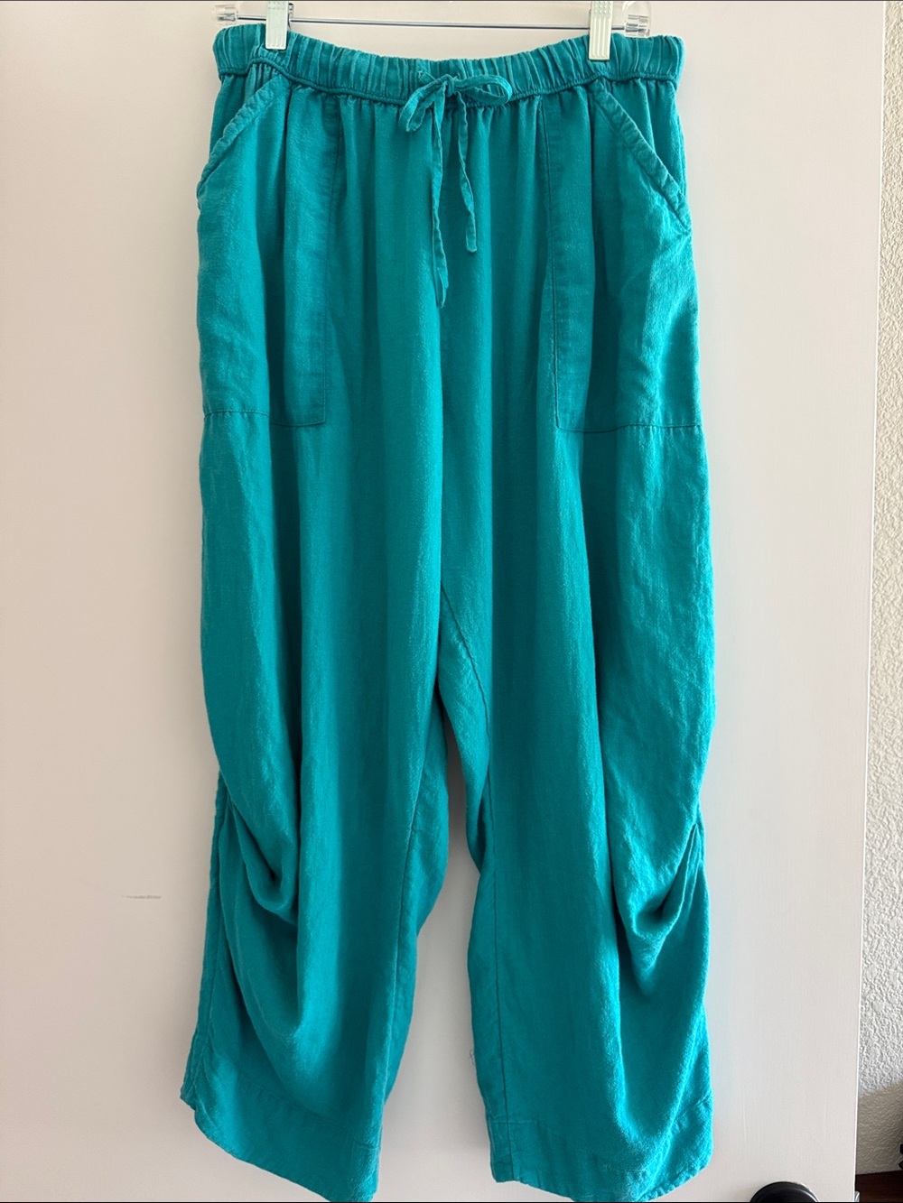 Free People Teal Cropped Drawstring Linen-Blend Pants
